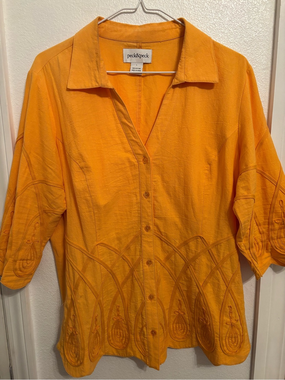 Peck & Peck Women's Orange Embroidered Button-Front Top L